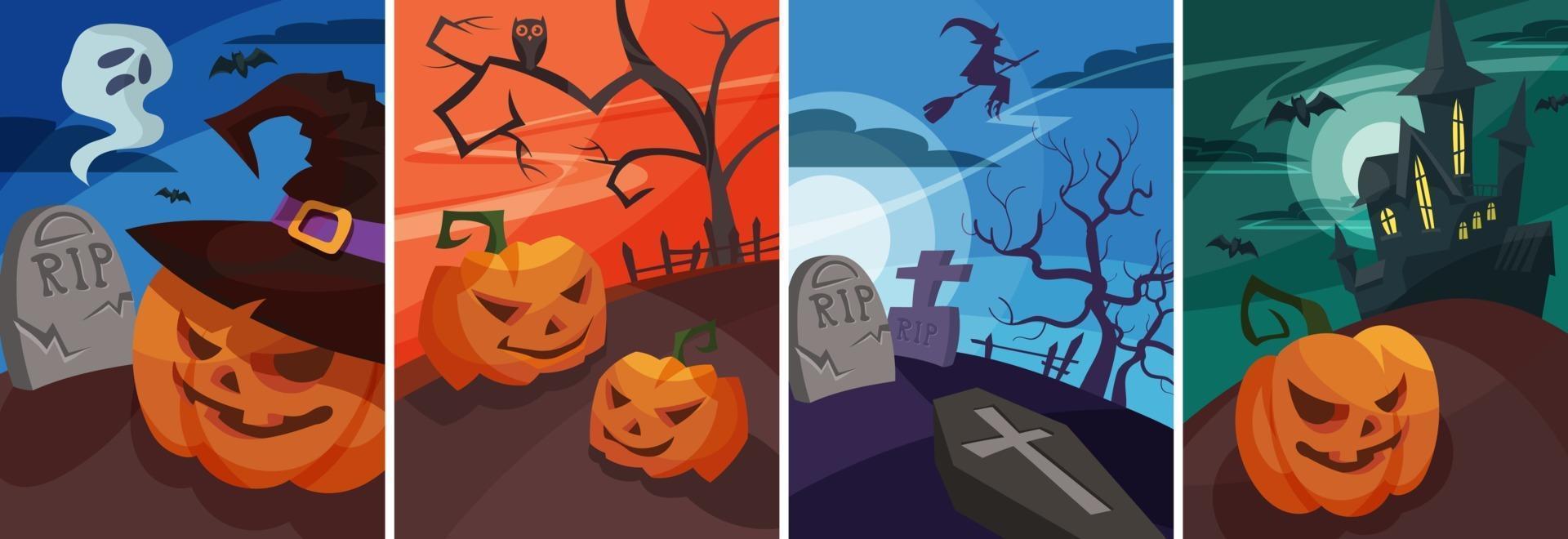 set halloween-posters in cartoon-stijl. verschillende bordontwerpen. vector