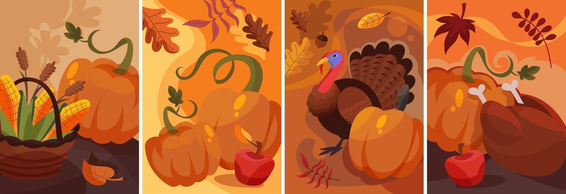 set thanksgiving posters in cartoon-stijl. vakantie plakkaat ontwerpen. vector