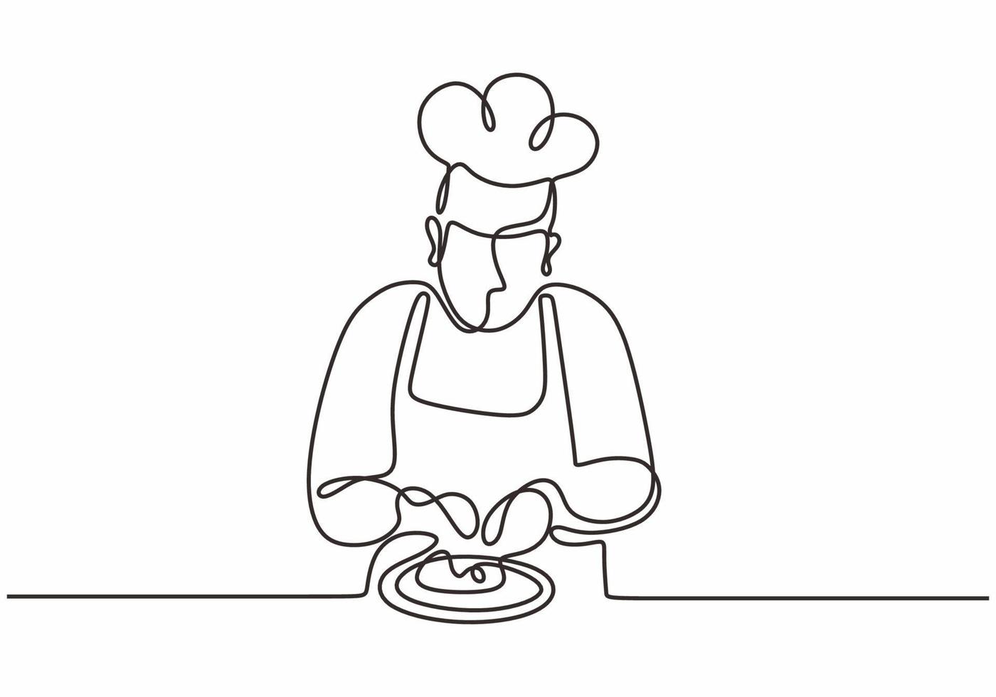 een lijntekening van chef-kok die voedsel vectorillustratie voorbereidt. vector