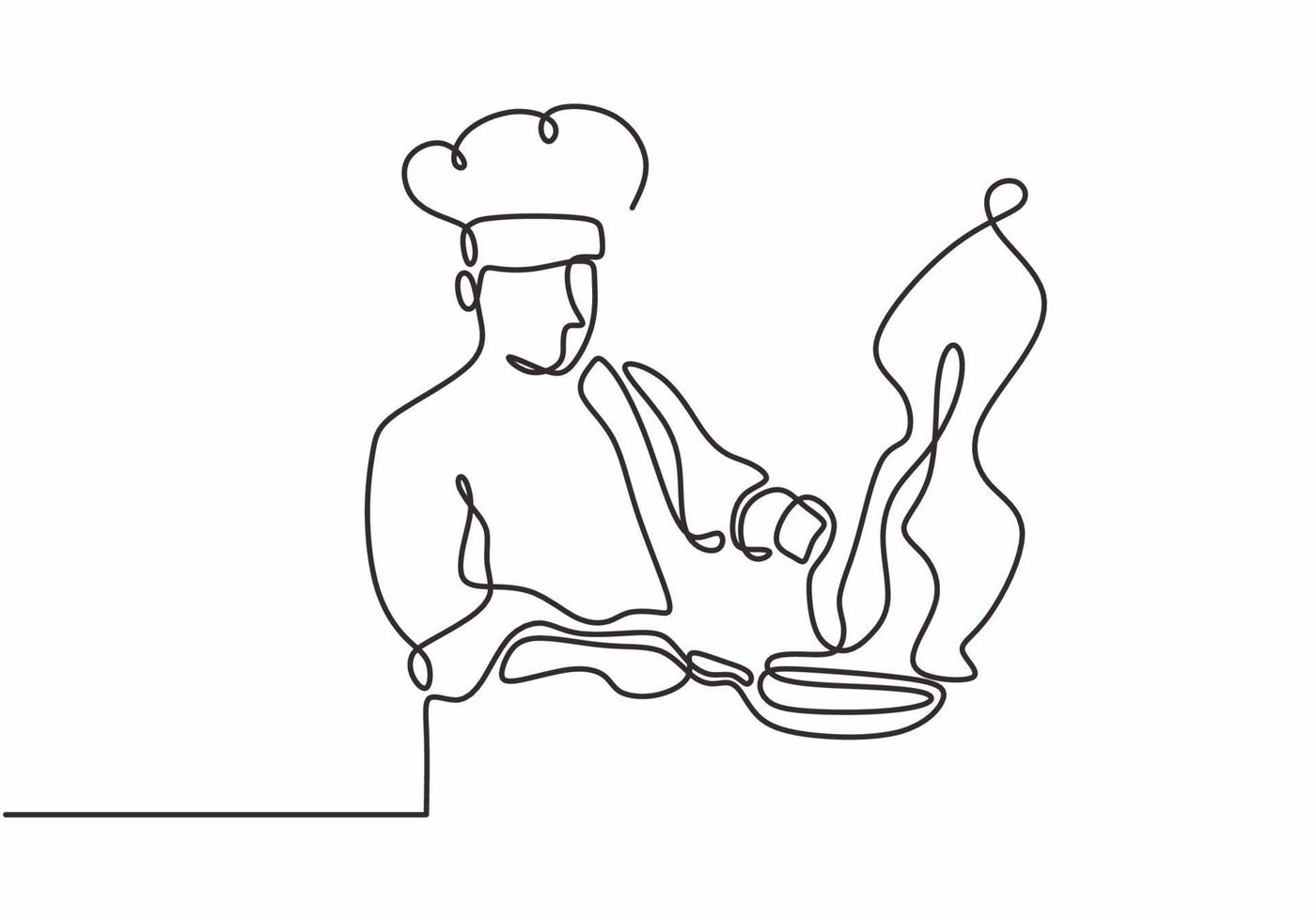 doorlopende lijntekening van chef-kok die grote maaltijd kookt vector