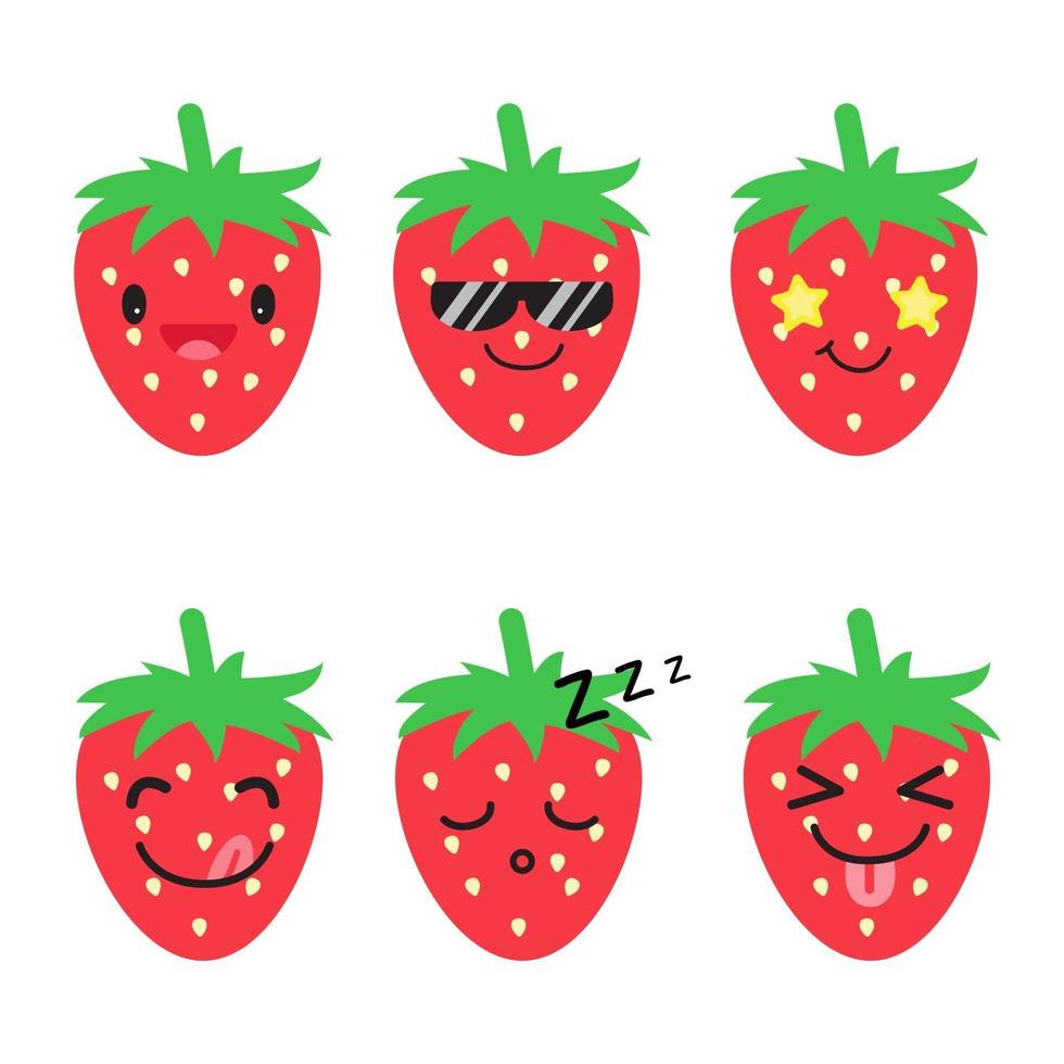 set van aardbei emoji's. kawaii-stijliconen, bessenkarakters vector
