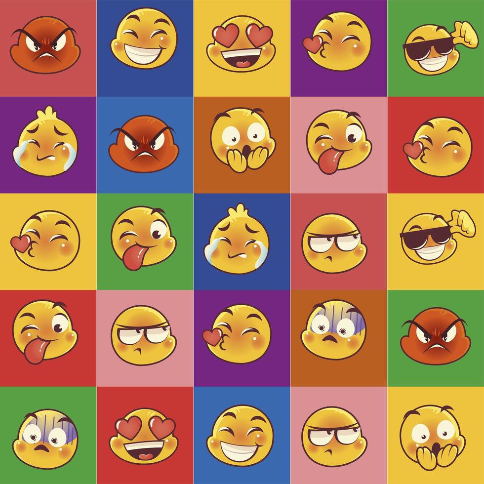 set van emoji cartoon gezichten sociale media kleur iconen vector