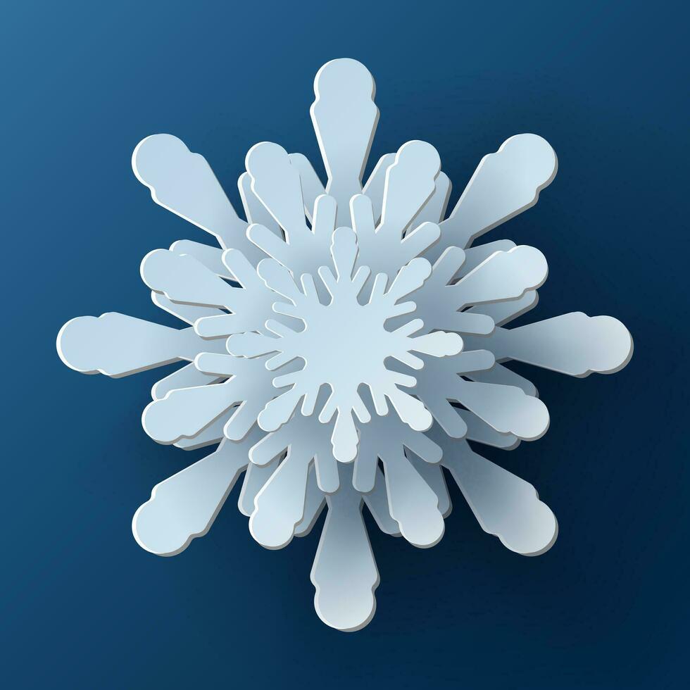 vector wit Kerstmis papier besnoeiing 3d sneeuwvlok met schaduw Aan blauw gekleurde achtergrond. winter ontwerp elementen voor presentatie, banier, omslag, web, folder, kaart, uitverkoop, poster, glijbaan en sociaal media.