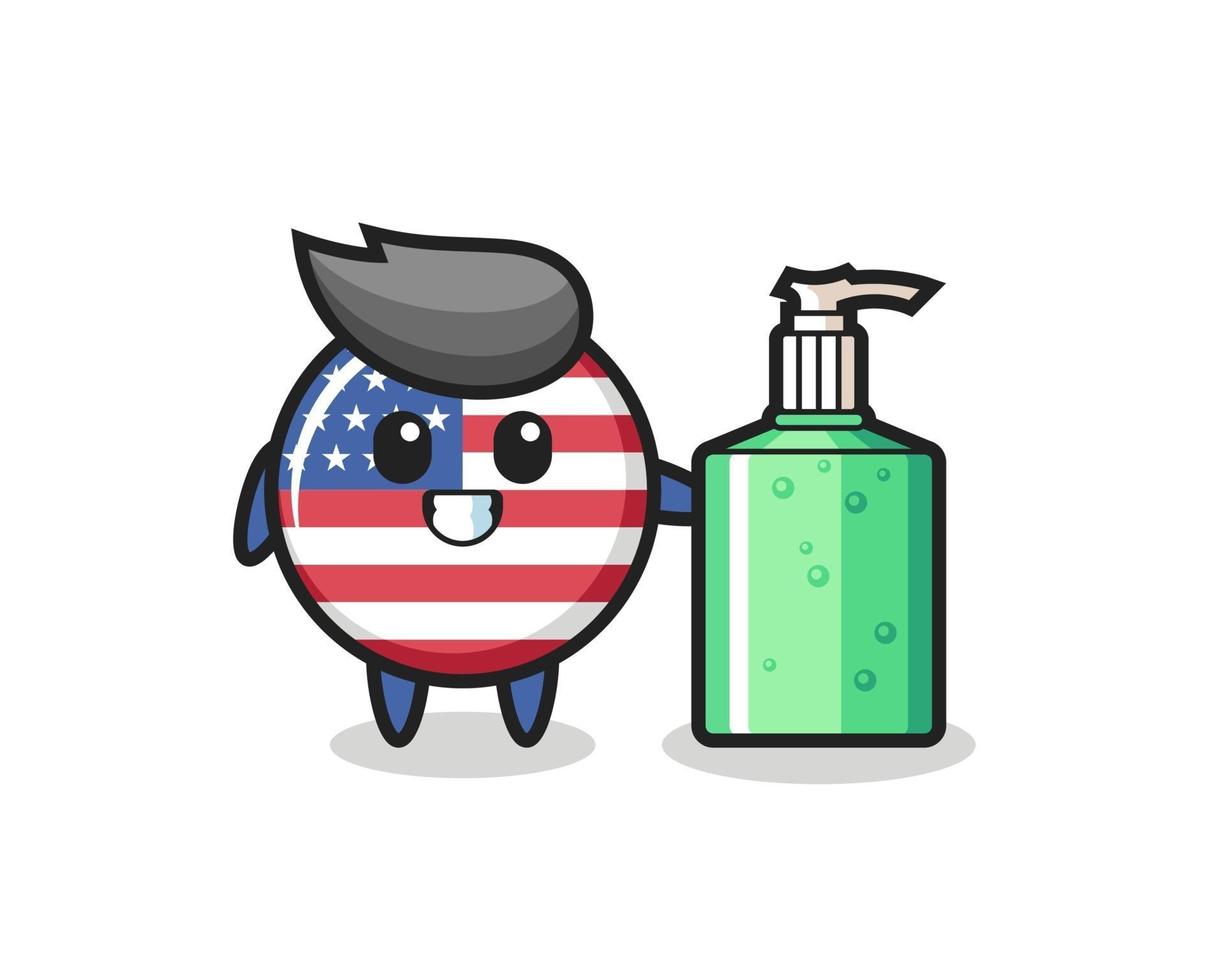 leuke cartoon van de vlag van de Verenigde Staten met handdesinfecterend middel vector