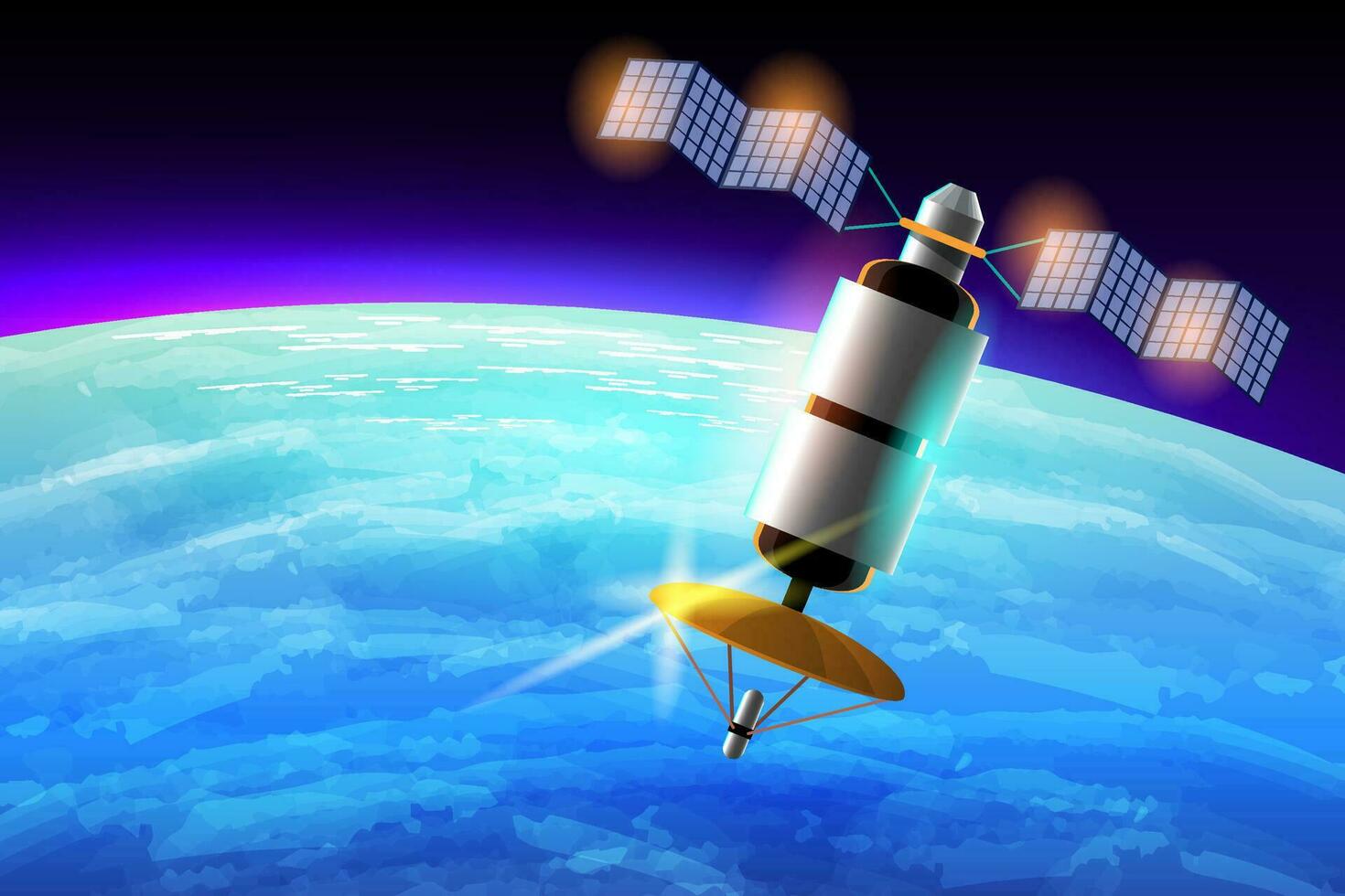 kunstmatig satellieten in een baan om de aarde de planeet aarde in buitenste ruimte geïsoleerd Aan donker achtergrond. tekenfilm stijl vector illustratie.