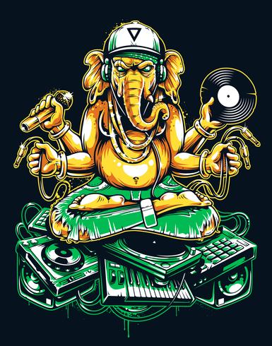 Ganesha DJ zittend op elektronische muziekspullen vector