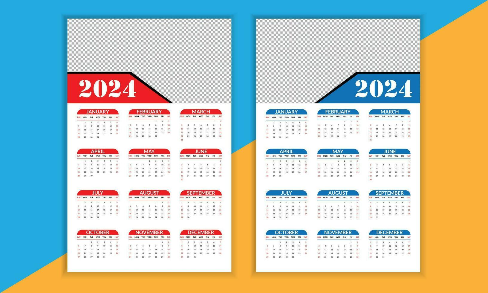 2024 Engels typografisch kalender ontwerp sjabloon. jaarlijks ontwerper ontwerp. week begint van zondag en rood blauw vorm geven aan. vector