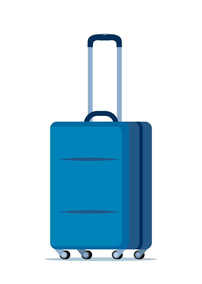blauw op wielen reizen zak met hand. plastic reizen koffer. vector illustratie.