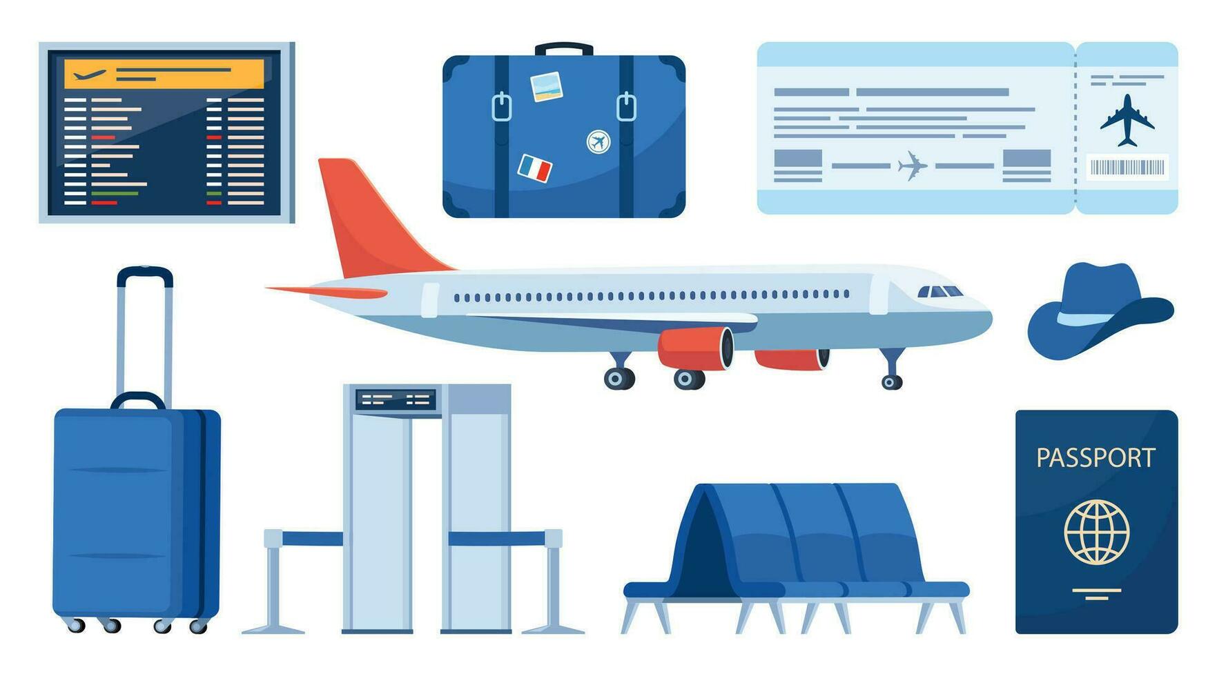 luchthaven terminal ontwerp elementen. op reis door vlak, reeks van voorwerpen. bagage, metaal detector, lucht ticket, paspoort, informatie paneel, lounge stoelen. lucht reizen concept. toerisme. vector illustratie.