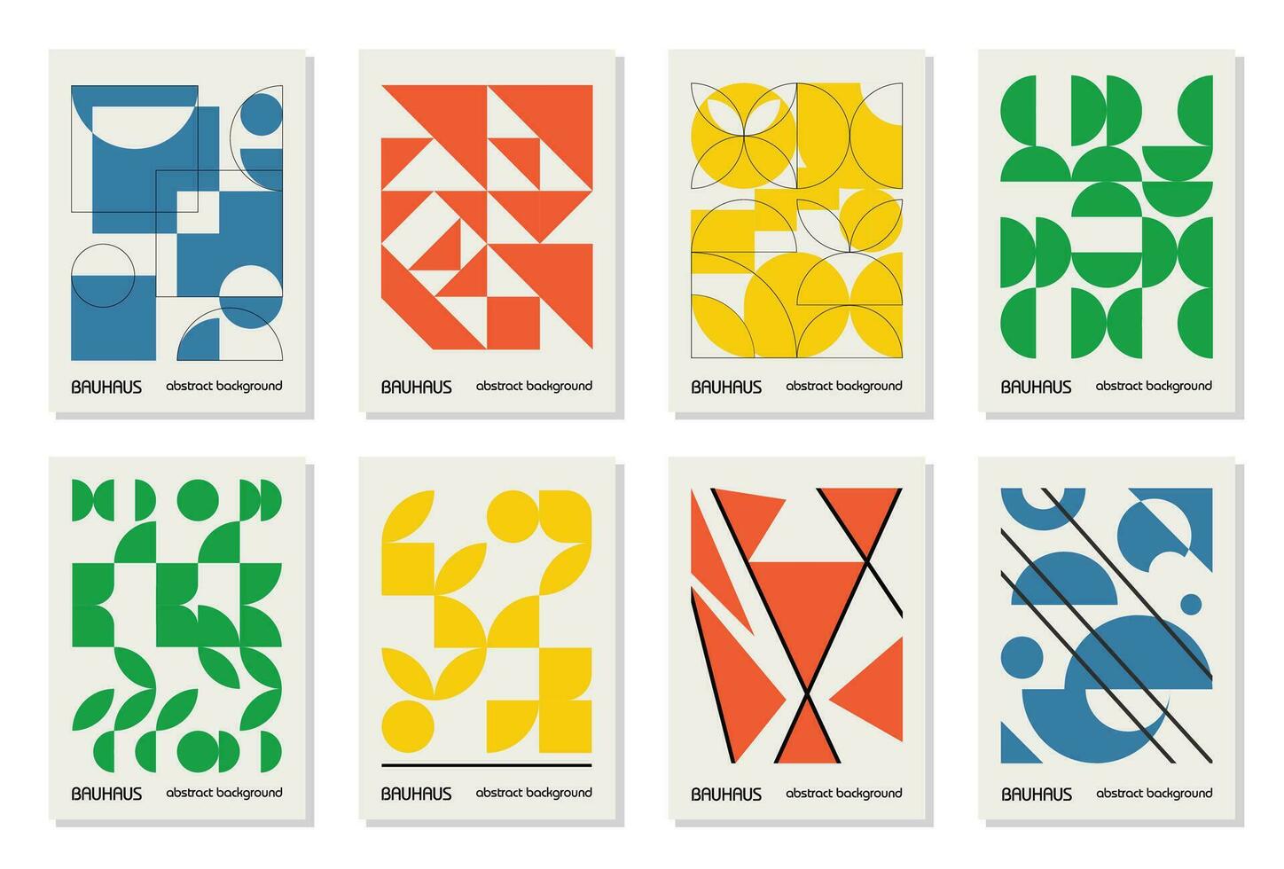 set van 8 minimale vintage 20s geometrisch ontwerp posters, kunst aan de muur, sjabloon, lay-out met primitieve vormen elementen. bauhaus retro patroon achtergrond, vector abstracte cirkel, driehoek en vierkante lijntekeningen