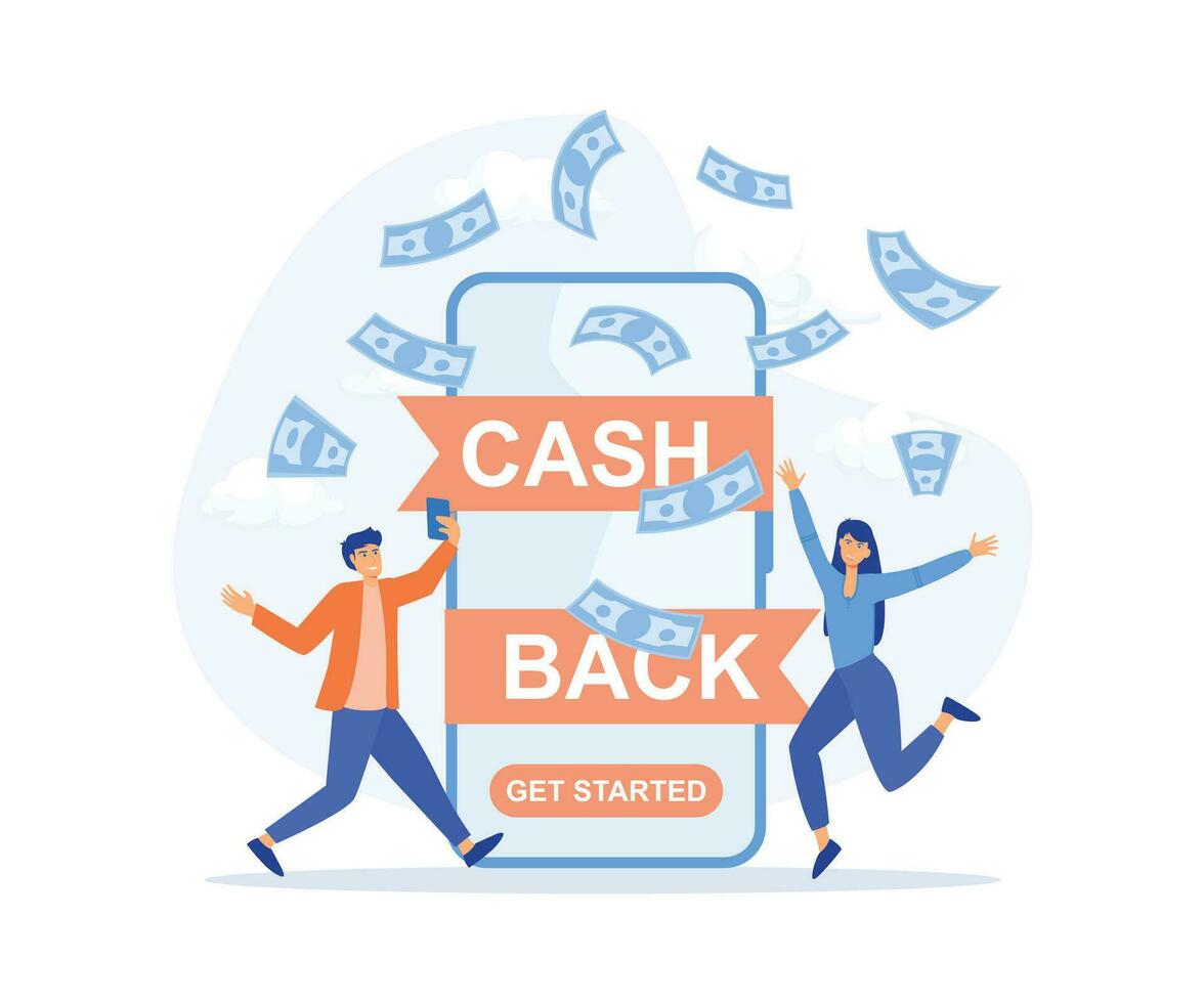 online contant geld terug of geld terugbetaling concept, gelukkig mensen ontvangen cashback voor winkelen. besparing geld, krijgen waardebonnen en kortingen, vlak vector modern illustratie