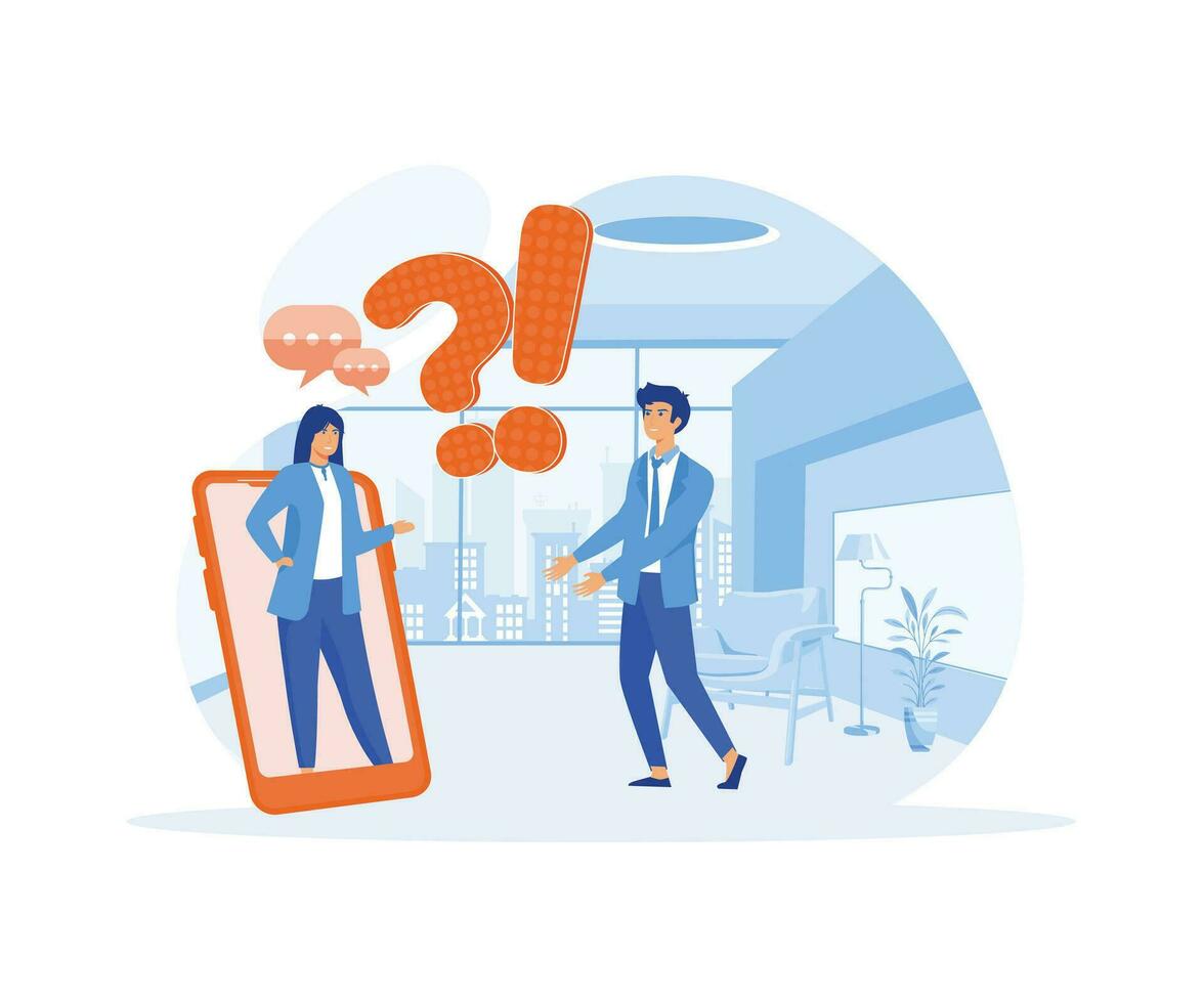 FAQ q en een concept. verward Mens vragen naar online ondersteuning centrum via slim telefoon. vlak vector modern illustratie