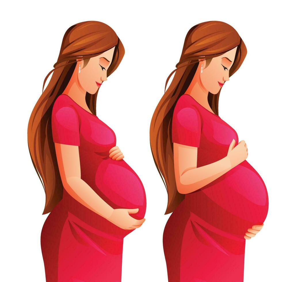 reeks van zwanger vrouw knuffelen haar buik met verschillend hand- posities. vector tekenfilm illustratie