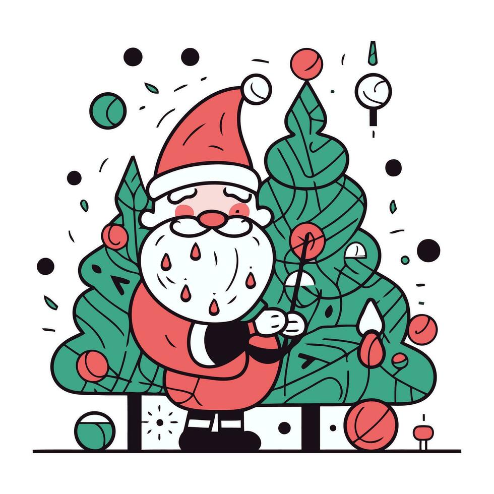 vector lijn kunst illustratie van de kerstman claus en Kerstmis boom Aan wit achtergrond.