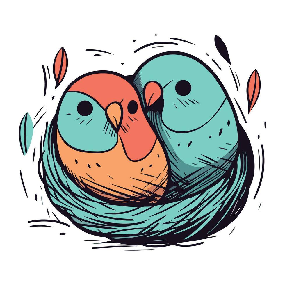 vector illustratie van schattig vogelstand in nest. hand- getrokken tekening stijl.