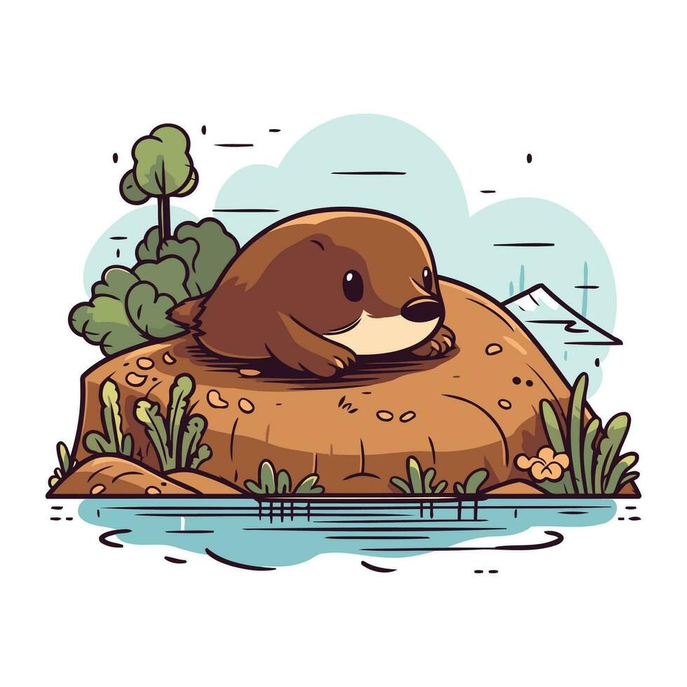 schattig weinig Otter in de vijver. vector illustratie in tekenfilm stijl.