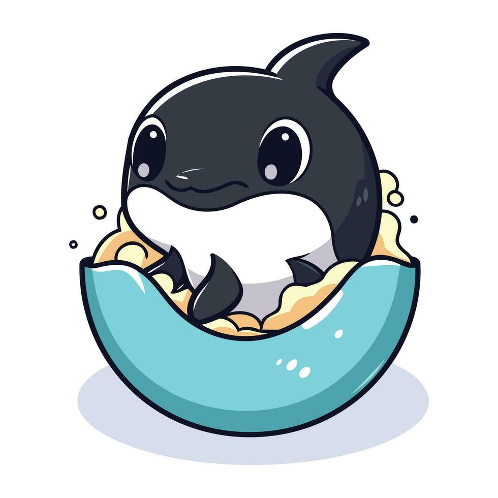 schattig tekenfilm moordenaar walvis in een blauw ei. vector illustratie.