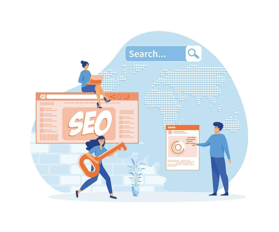 zakenman en zakenvrouw gezichtsloos tekens in actie in de omgeving van afkorting seo over- digitaal wereld kaart. vlak vector modern illustratie