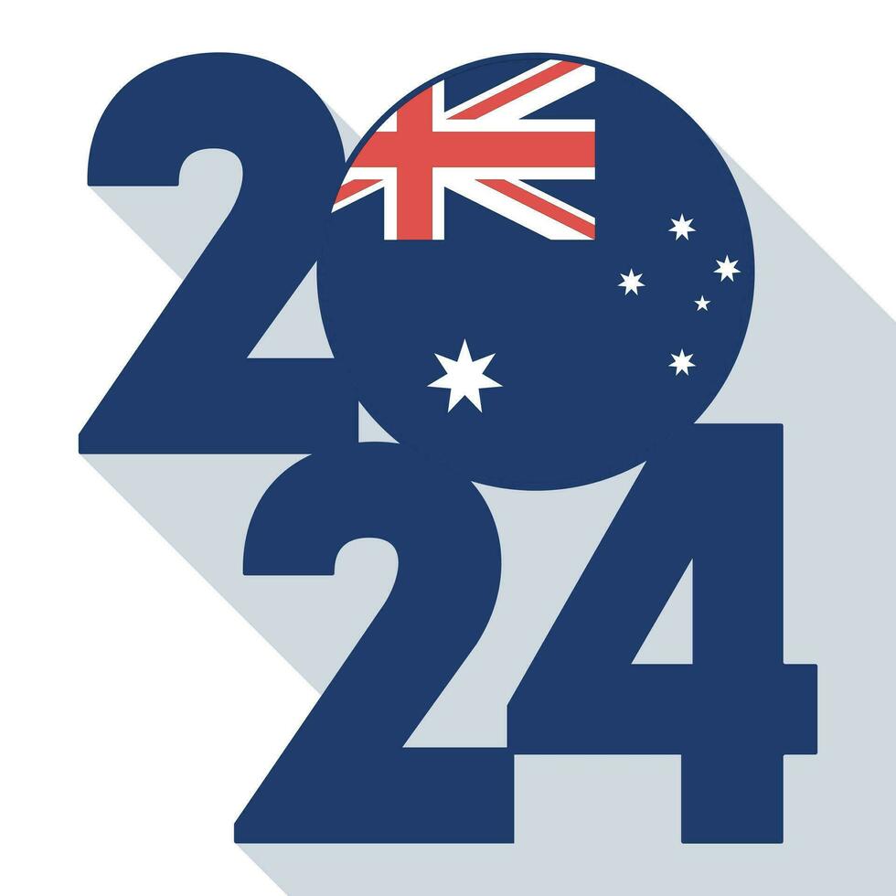 gelukkig nieuw jaar 2024, lang schaduw banier met Australië vlag binnen. vector illustratie.