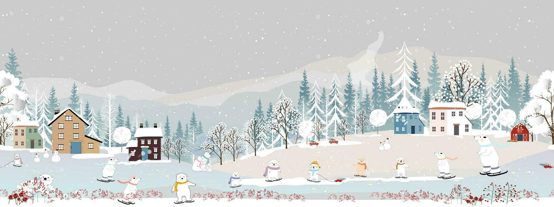 winter landschap, naadloos patroon Kerstmis nacht schattig polair beer familie spelen ijs vleet Aan heuvels, vector naadloos winter wonderland beer vieren in bos, vrolijk kerst, nieuw jaar achtergrond