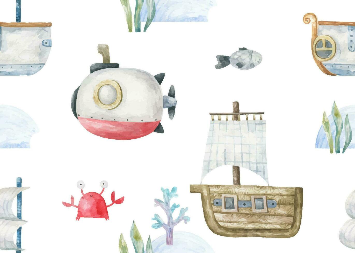 eindeloos patroon met onderzeeër en houten schip. onderwater- leven en dieren. schattig kinderachtig naadloos patroon voor omhulsel papier, kinderkamer ontwerp, textiel, kleren vector