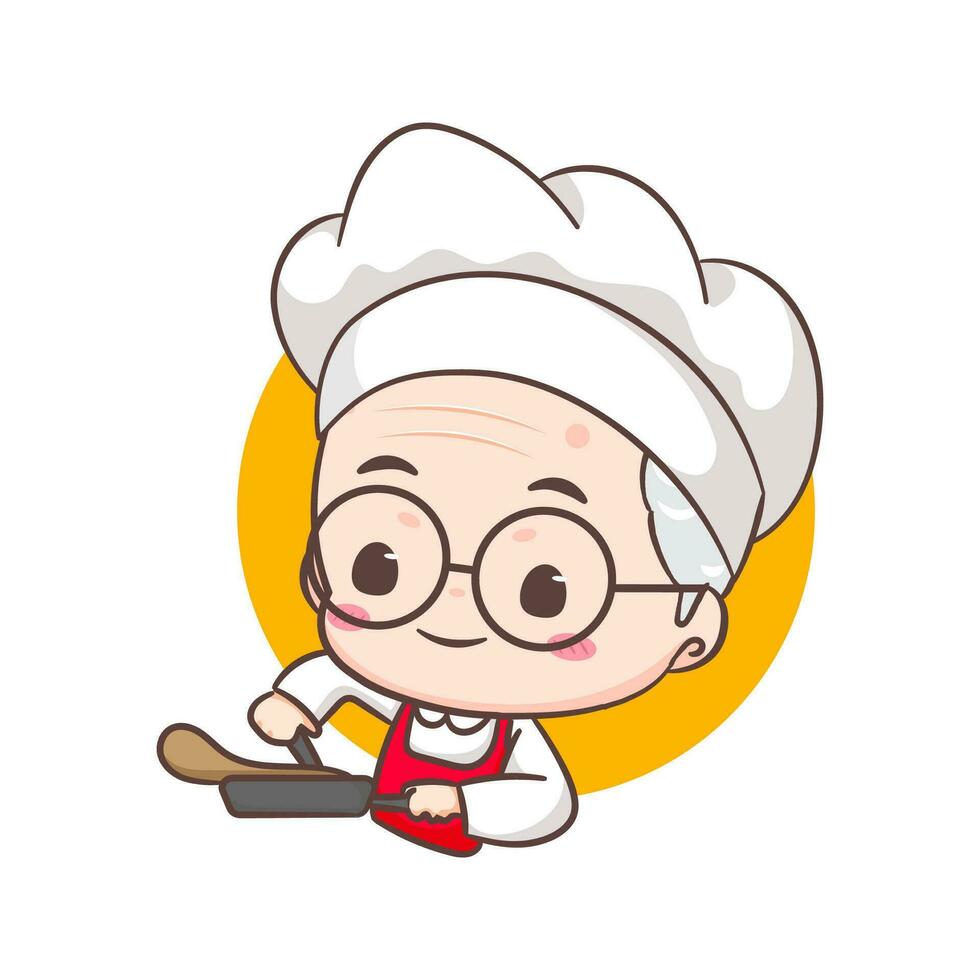 schattig opa chef tekenfilm. opa Koken logo vector kunst. mensen voedsel icoon concept. restaurant en eigengemaakt culinaire logo