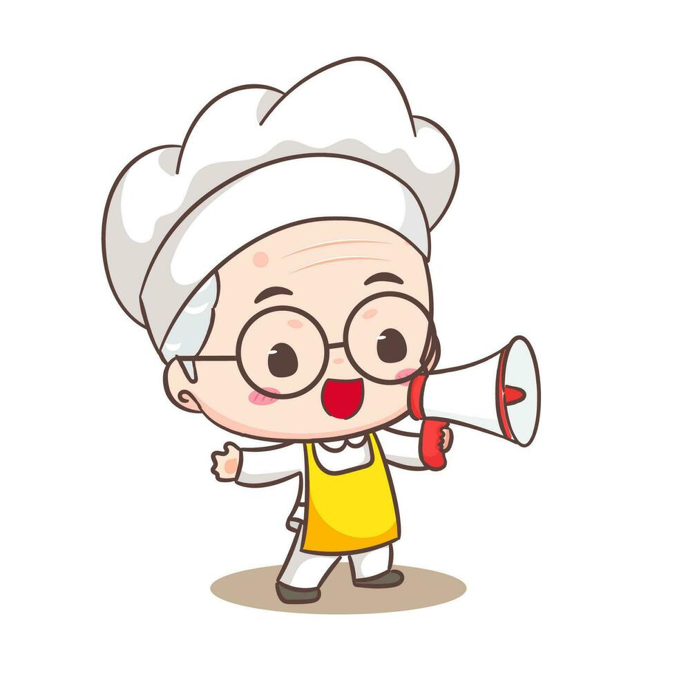 schattig opa chef tekenfilm Holding megafoon. opa Koken logo vector kunst. mensen voedsel icoon concept. restaurant en eigengemaakt culinaire logo