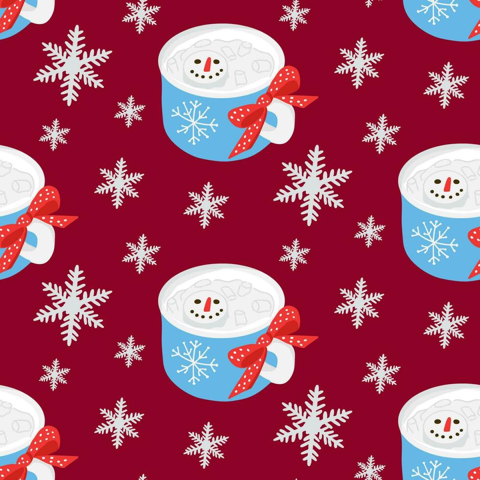 Kerstmis patroon met heet chocola mok en sneeuwvlokken. schattig winter heet drinken met heemst sneeuwman. naadloos ontwerp voor decoratie, omhulsel papier, textiel, behang, banier, sociaal media vector