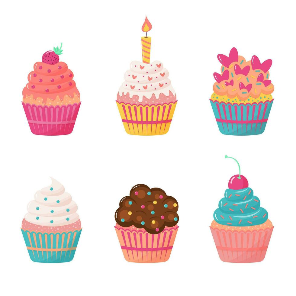 schattig cupcakes set. zoet gebakjes versierd met kers, aardbei, kaars, snoep, chocola en harten. vector