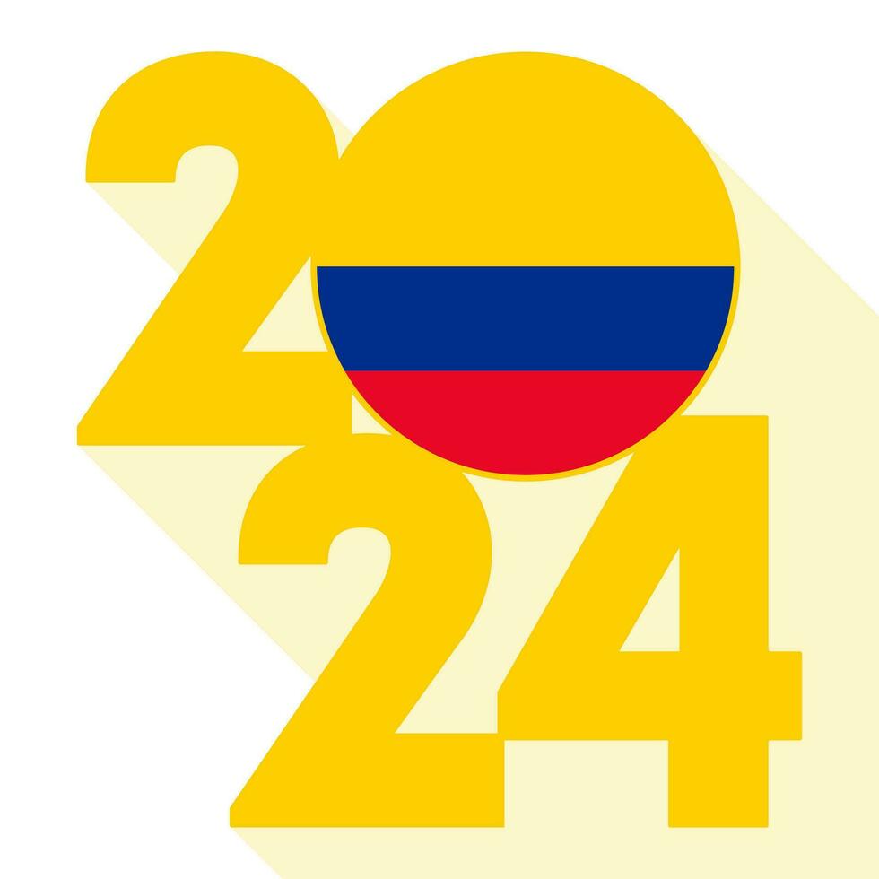 gelukkig nieuw jaar 2024, lang schaduw banier met Colombia vlag binnen. vector illustratie.