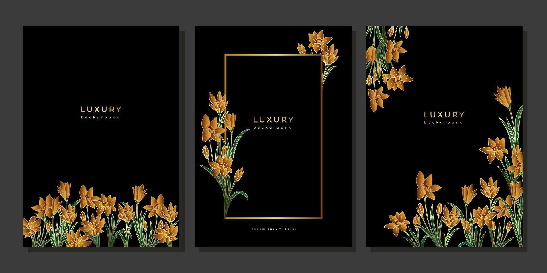 reeks van luxe wijnoogst poster met gouden bloemen. glimmend vanille orchidee bloesem kader Aan zwart achtergrond. goud bloemen sjabloon vector