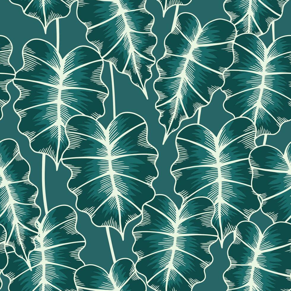 wijnoogst lineair naadloos patroon met alocasia bladeren. tropisch fabriek Aan groen achtergrond vector
