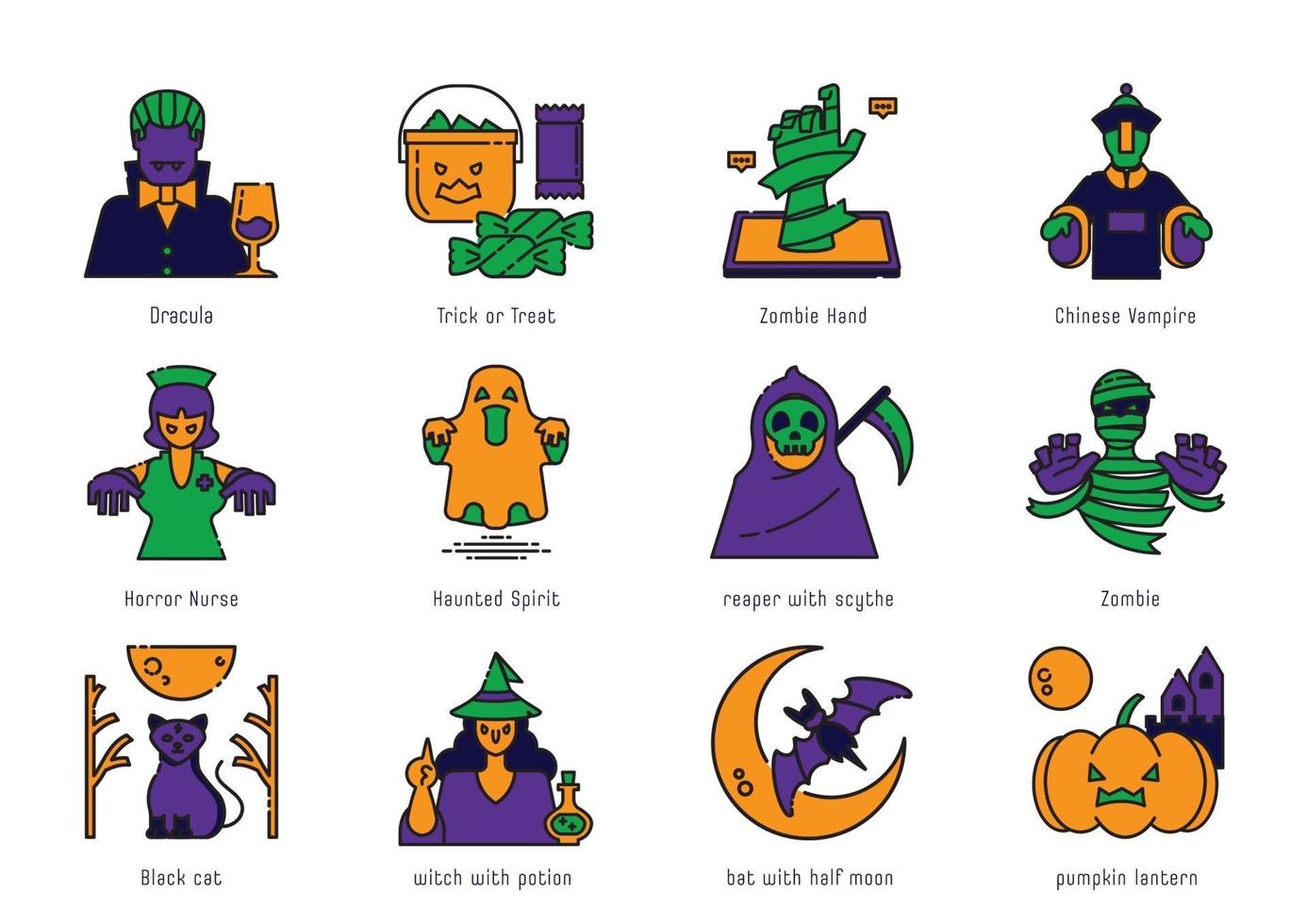 halloween kleur lijn icon set vector