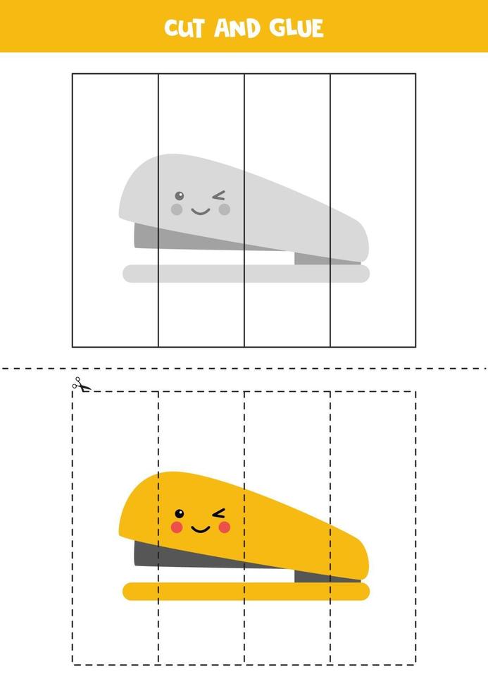 knip en lijm spel voor kinderen. leuke gele nietmachine. vector