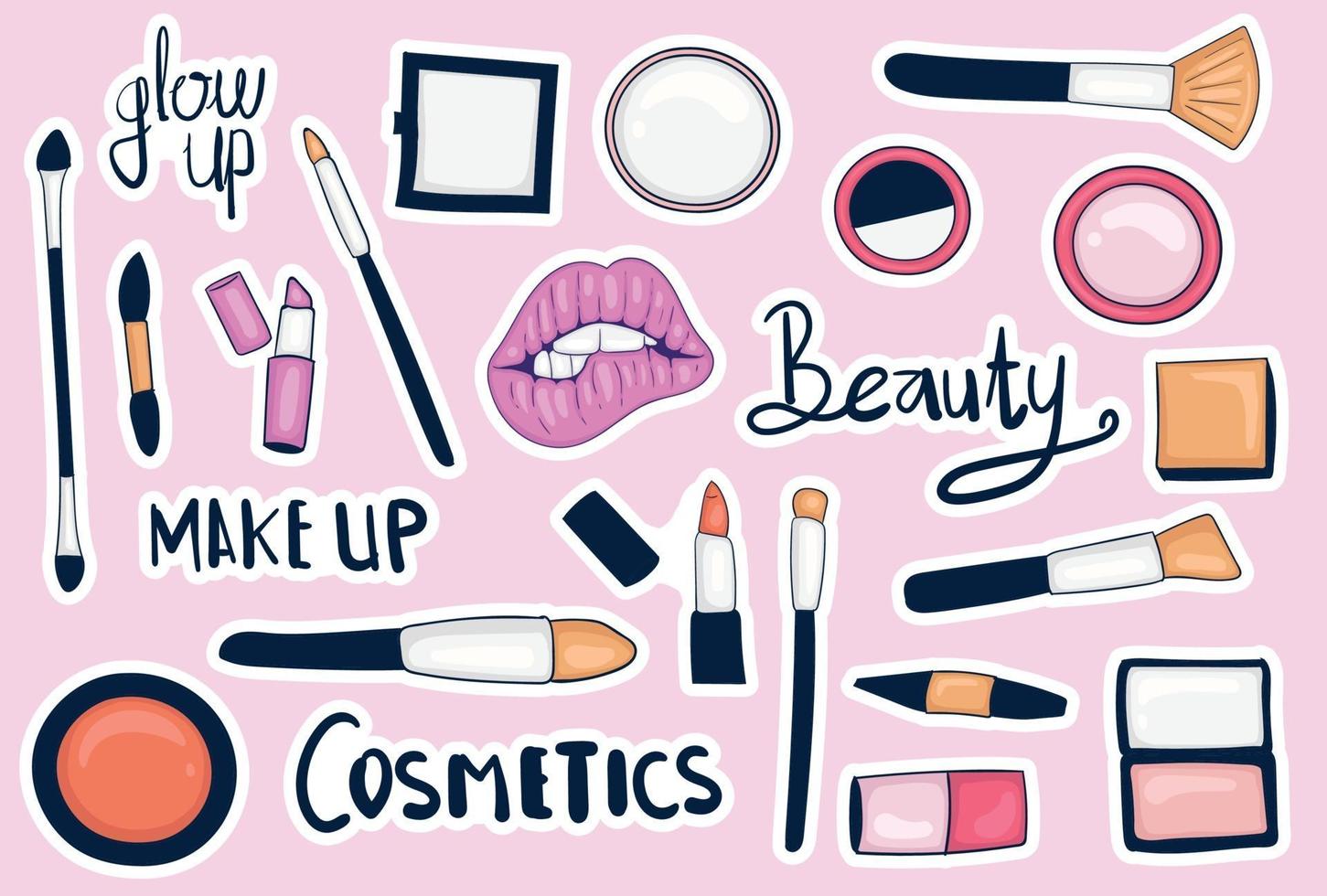 kleurrijke handgetekende make-up tools stickercollectie vector