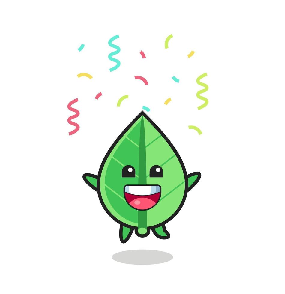 blije bladmascotte die voor felicitatie springt met gekleurde confetti vector