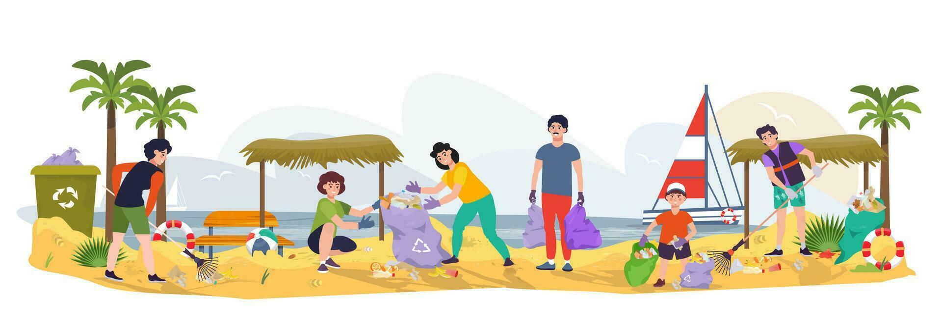 groep van mensen schoonmaak omhoog de strand van vuilnis en afval, plastic, onzin. aarde dag. milieu bescherming, ecosysteem concept. schoonmaken van de grondgebied. Mens met harken, plastic Tassen. kust vector