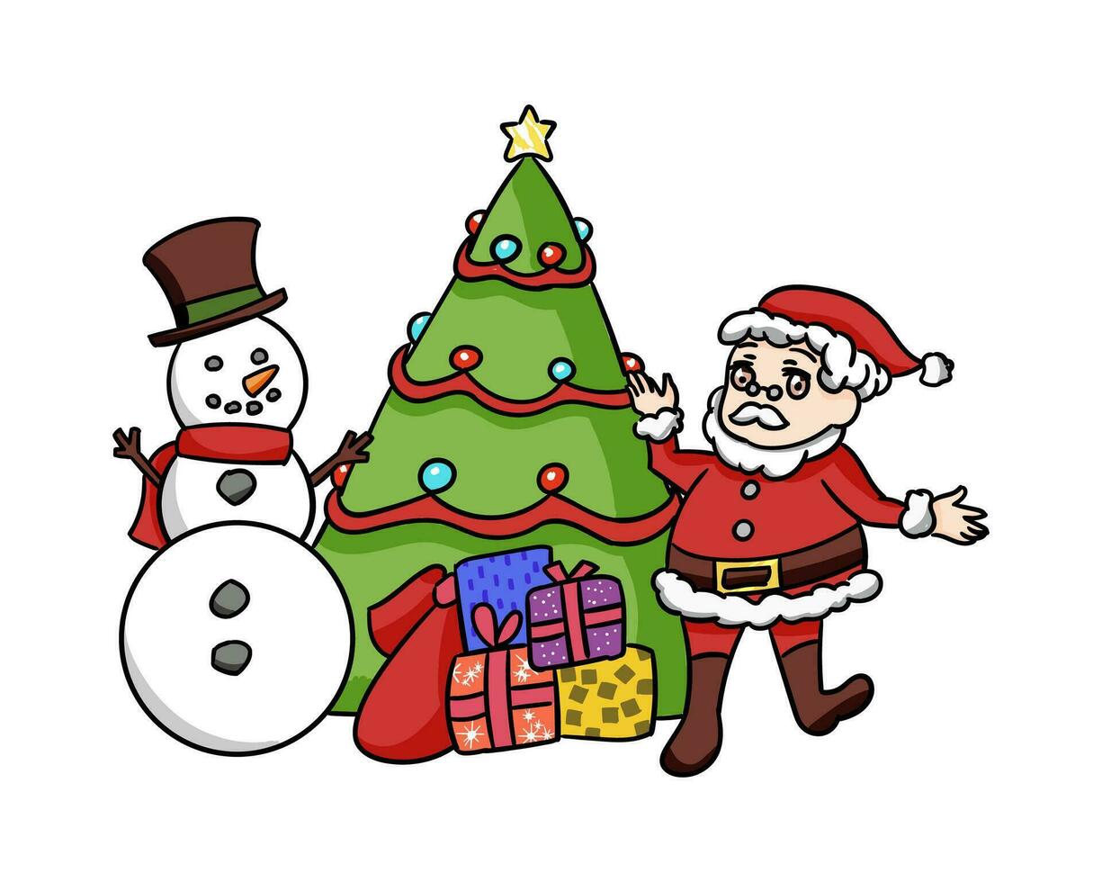 hand- getrokken schattig kinderen illustratie. de kerstman, sneeuw wereldbol, Kerstmis boom, geschenken. vector