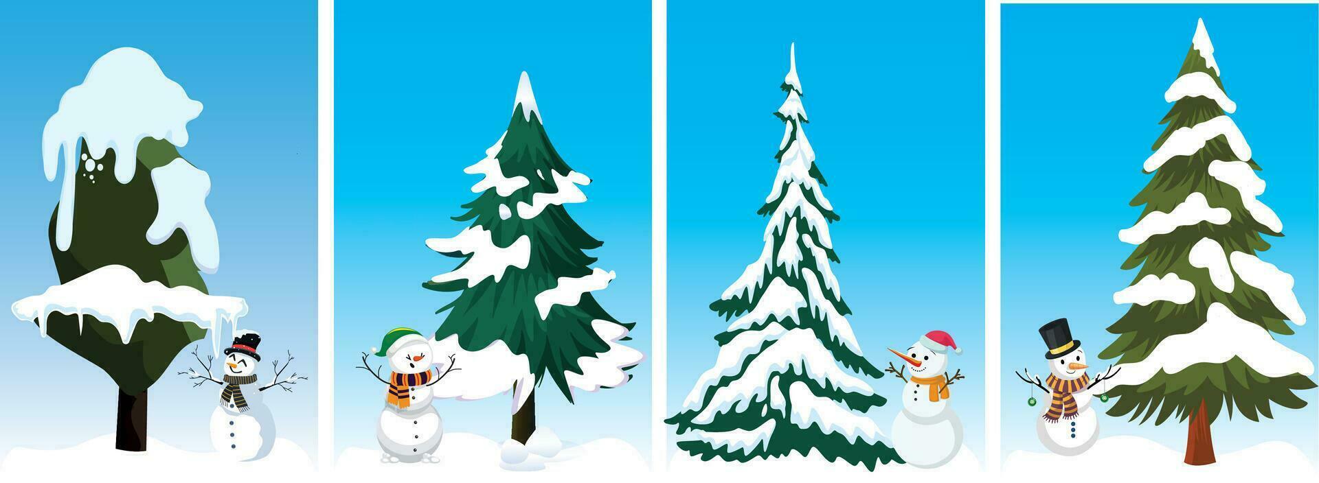 vier Kerstmis bomen - Nee decoraties. kant door kant sneeuwman vector