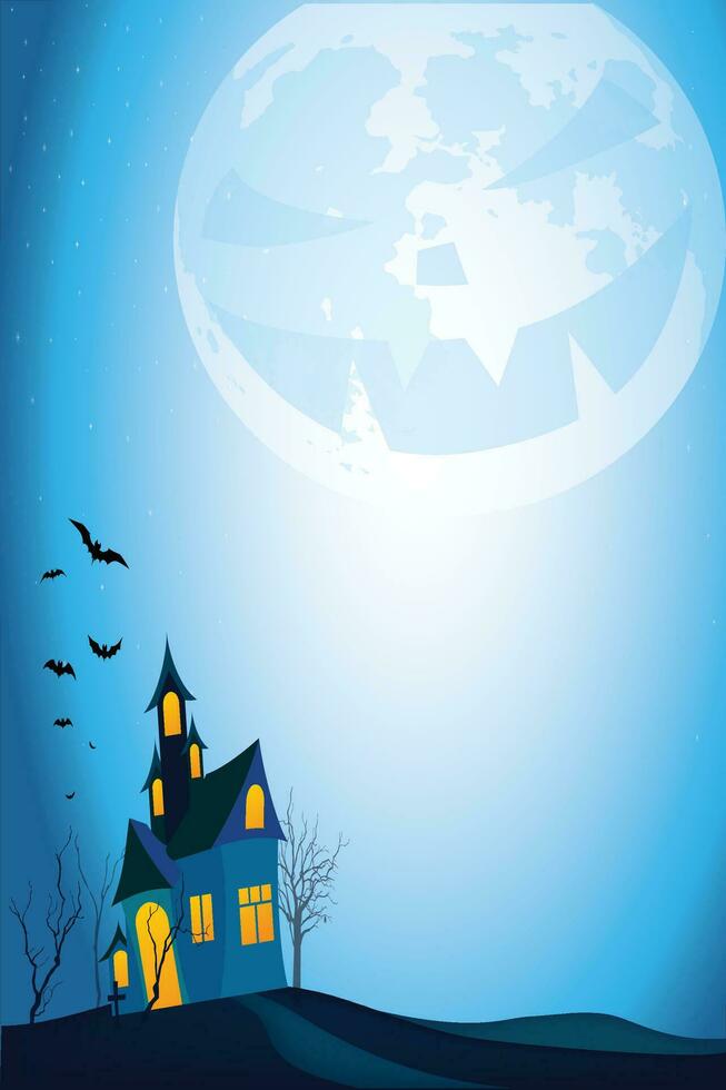 gelukkig halloween met traditie symbolen. achtervolgd huis, eng huis. spookachtig maan, knuppel. tegen de backdrop van blauw maanlicht. griezelig nacht, illustratie. vector