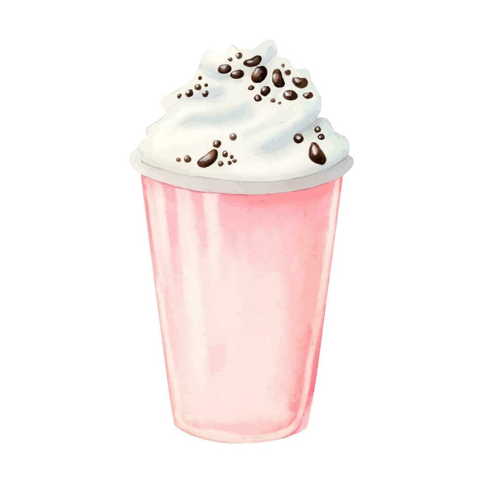 roze aardbei milkshake met geslagen room en chocola chips vector waterverf illustratie. verkoudheid zomer drinken in plastic beker, heerlijk toetje