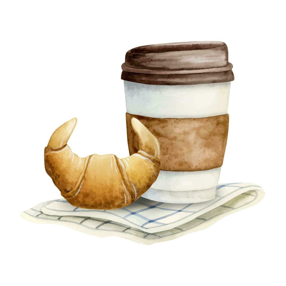 nemen weg koffie kop met boter croissant Aan gestreept servet waterverf vector illustratie voor ontbijt en koffie breken