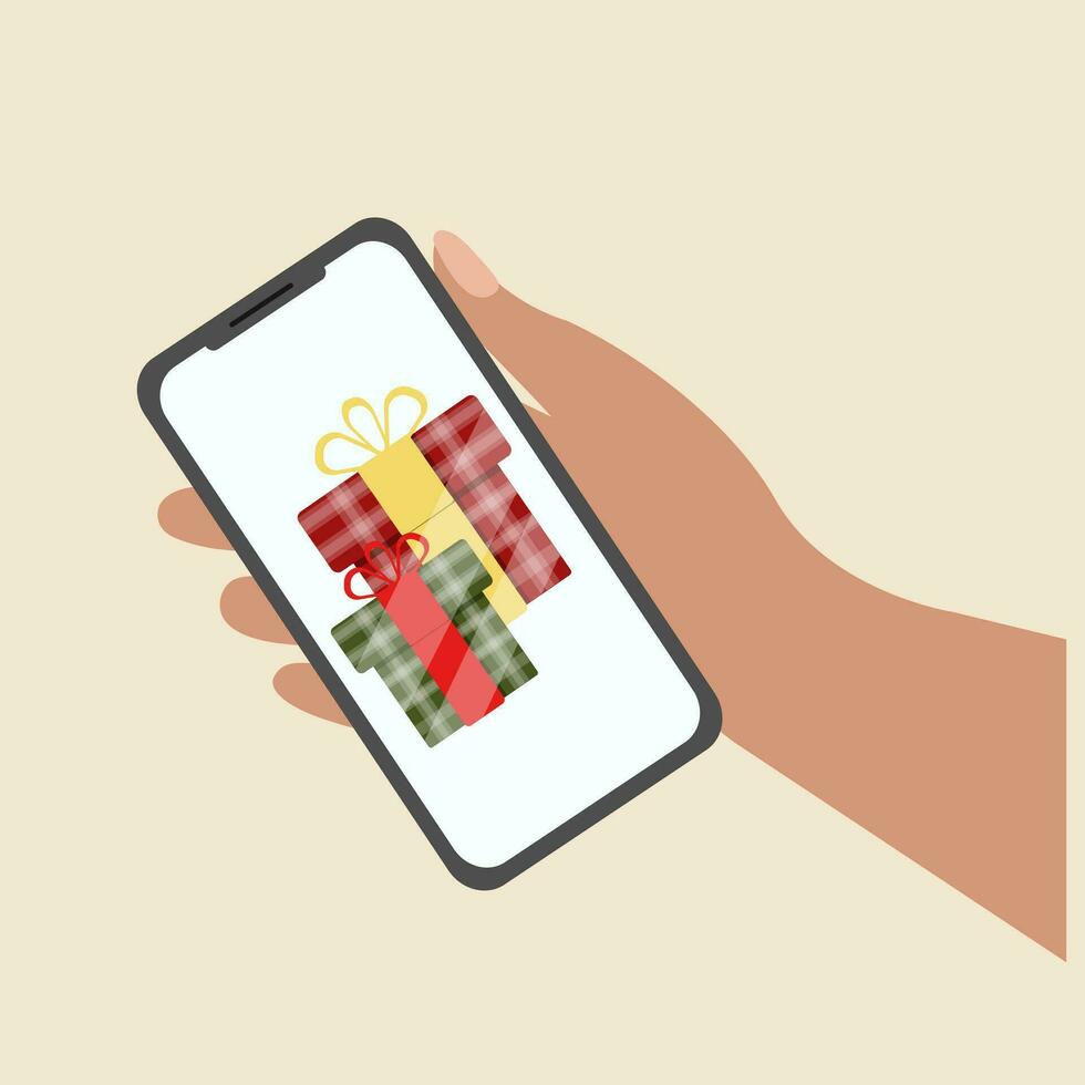 hand- Holding smartphone met geschenk doos Aan scherm. cadeaus app bladzijde Aan slim telefoon scherm. concept voor afzet doelen, loyaliteit programma voor klanten en gebruikers. vector illustratie