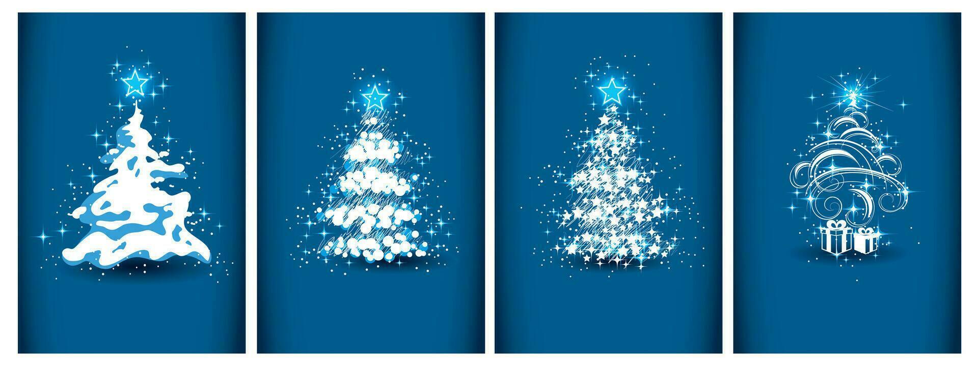 reeks van licht vector gestileerde Kerstmis bomen Aan blauw achtergrond. Kerstmis kaart met blauw magie boom. Aan blauw achtergrond vector illustratie.