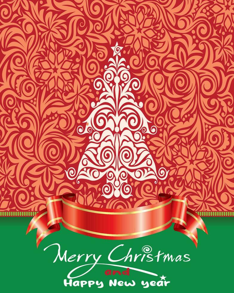 winter Kerstmis boom vakantie kaart. universeel Kerstmis sjabloon met decoratief Kerstmis boom, met wensen van vrolijk Kerstmis en nieuw jaar 2024 vector