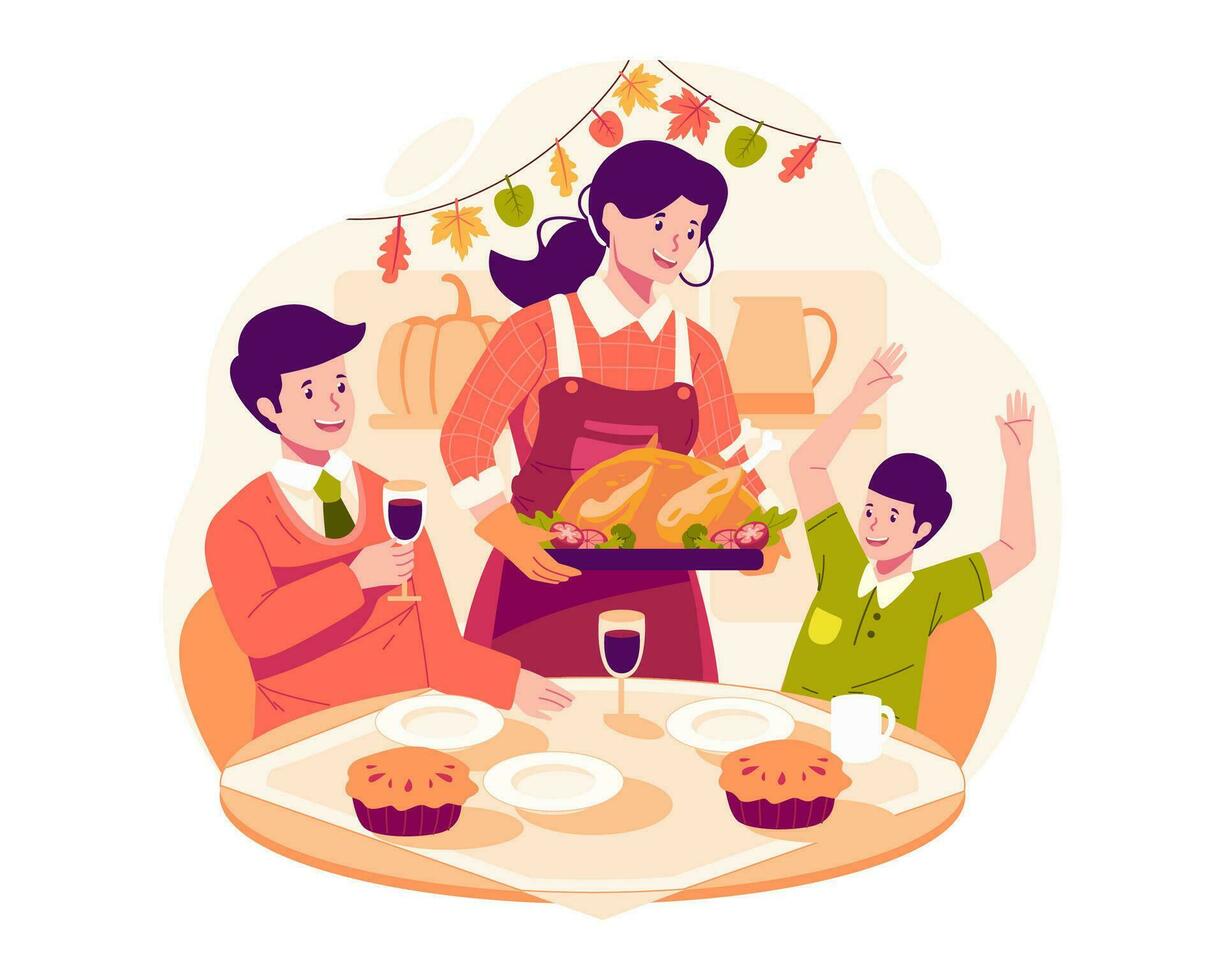 gelukkig dankzegging dag met de familie vader, moeder, en zoon hebben avondeten samen in de omgeving van de tafel met een geroosterd kalkoen en voedsel vector