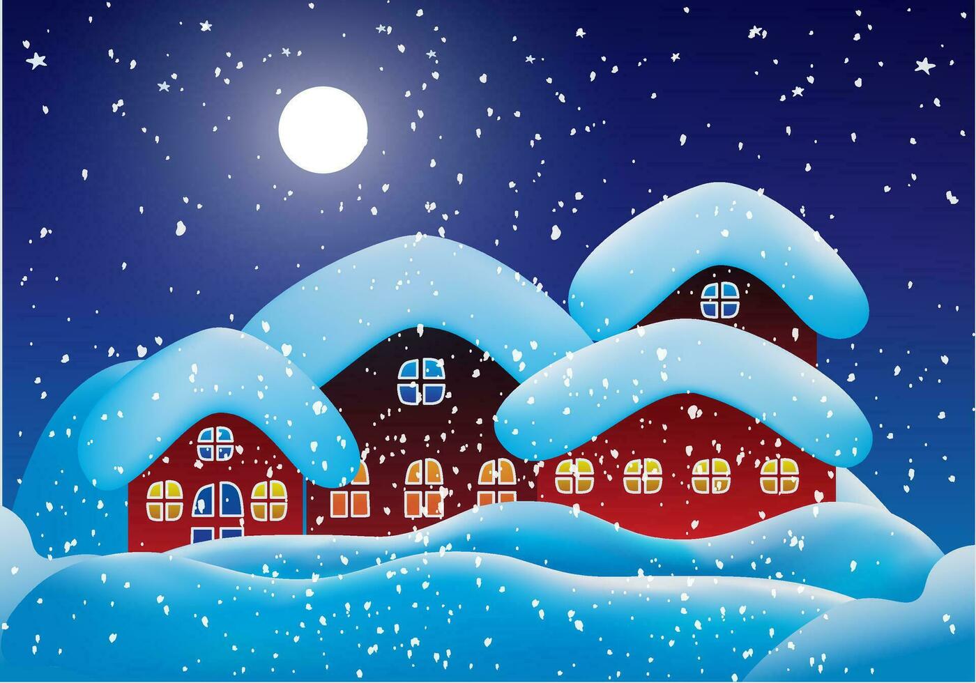 winter is komt eraan. sneeuwvlokken vallend van lucht naar huis met mooi maanlicht. vector