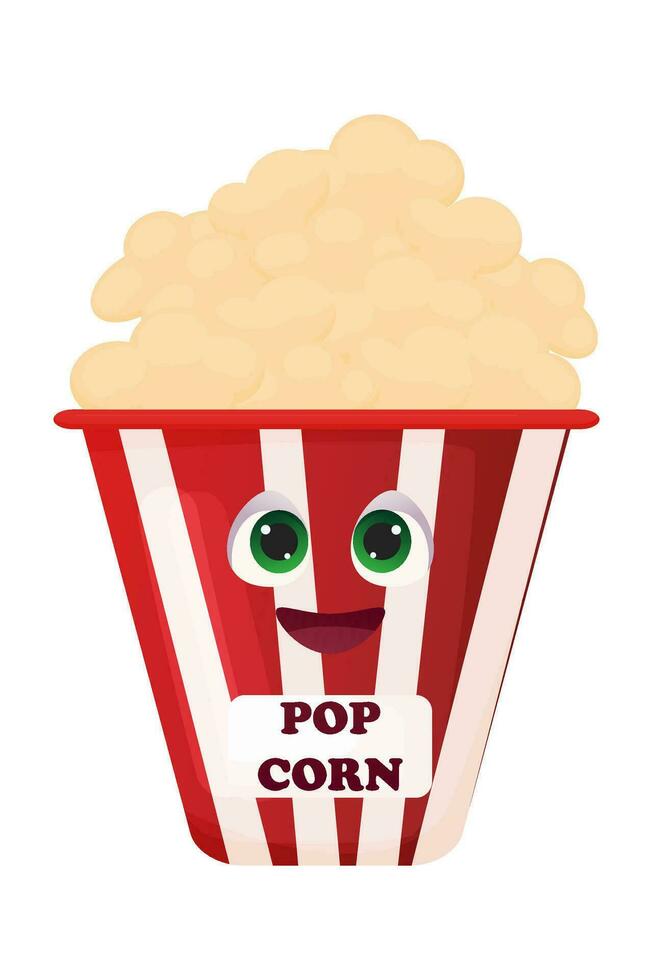 heerlijk popcorn in een rood emmer. snacks Bij de bioscoop, circus. vector illustratie. een tekenfilm karakter. popcorn dag