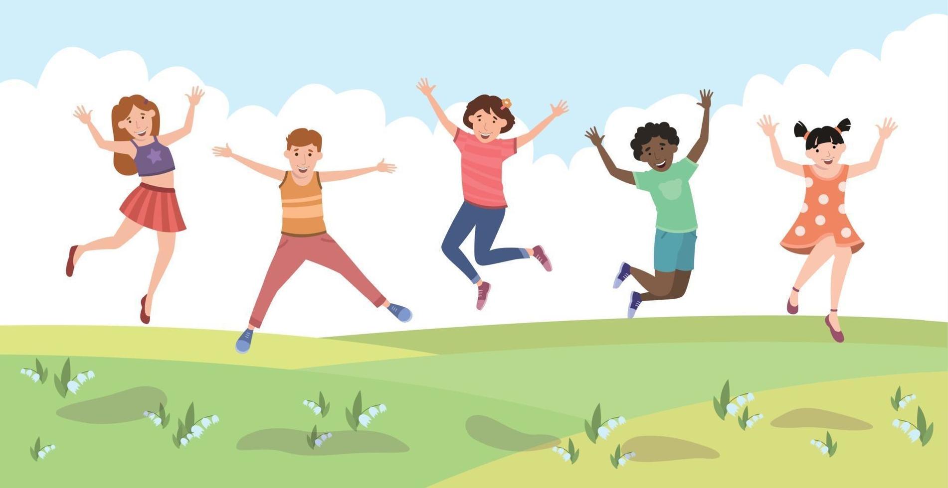 vijf gelukkige kinderen springen van vreugde op een groen gazon - vector