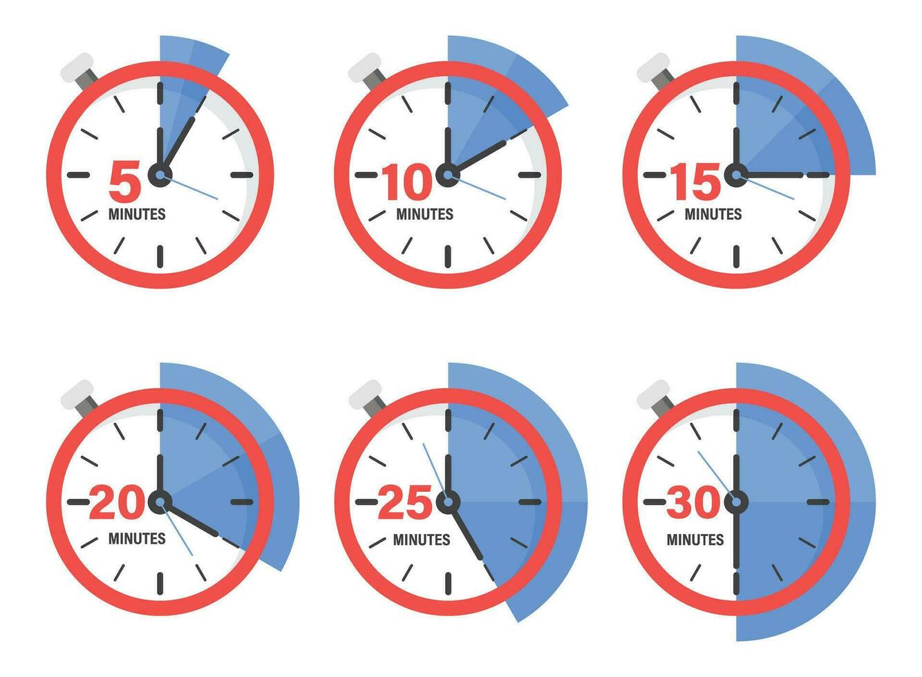 van 5 minuten naar 30 minuten Aan stopwatch icoon in vlak stijl. klok gezicht timer vector illustratie Aan geïsoleerd achtergrond. countdown teken bedrijf concept.